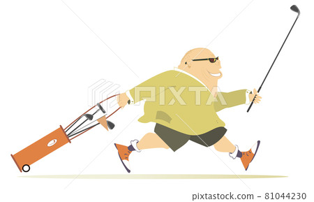 Smiling golfer man runs to play golf illustration. Cartoon smiling fat bald-headed man in sunglasses with golf bag and golf club runs to the golf course isolated on white Smiling golfer man runs to play golf illustration. Cartoon smiling fat bald-headed man in sunglasses with golf bag and golf club runs to the golf course isolated on white 81044230