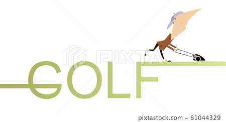 Comic golfer mows a golf lawn and leaves the word golf behind Comic golfer mows a golf lawn and leaves the word golf behind 81044329