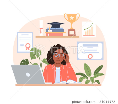 Successful smiling black woman portrait with laptop diploma trophy, graduation cap. Flat happy young African girl works on notebook in office. Professional career education concept illustration Successful smiling black woman portrait with laptop diploma trophy, graduation cap. Flat happy young African girl works on notebook in office. Professional career education concept illustration 81044572