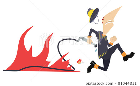 Frightened fireman runs away from the fire illustration. Frightened fireman with fire hose loses a helmet and runs away from the fire isolated on white 81044811
