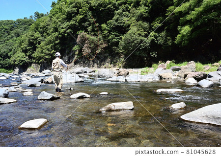 喜歡在寬闊美麗的山間溪流中飛釣的垂釣者 喜歡在寬闊美麗的山間溪流中飛釣的垂釣者 81045628