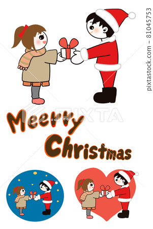 Illustration of a boy Santa Claus giving a Christmas present to a girl 81045753