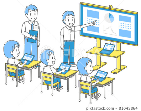 Students presenting in front of everyone in a class using tablets 81045864