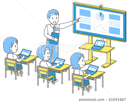 Children listening to the teacher's explanation in a class using a tablet Children listening to the teacher's explanation in a class using a tablet 81045867