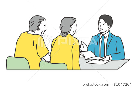 一個穿西裝的男人諮詢一對老夫婦的高級插圖 一個穿西裝的男人諮詢一對老夫婦的高級插圖 81047264