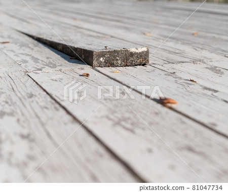 Close-up of a wooden floor with a sticking out board. Close-up of a wooden floor with a sticking out board. 81047734