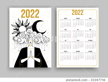 Tarot calendar for 2022, meditating woman with sun and moon in her hair, esoteric boho design. Week starts on Sunday. Vertical two-sided vector calendar design template Tarot calendar for 2022, meditating woman with sun and moon in her hair, esoteric boho design. Week starts on Sunday. Vertical two-sided vector calendar design template 81047736