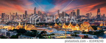 Aerial view Chao Phraya River Bangkok city urban downtown skyline of Thailand, Wat Arun Temple, Grand palace and Wat phra keaw, Business district with high building, Thailand 81049240