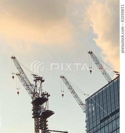 高聳的起重機在夕陽下閃耀 81050651