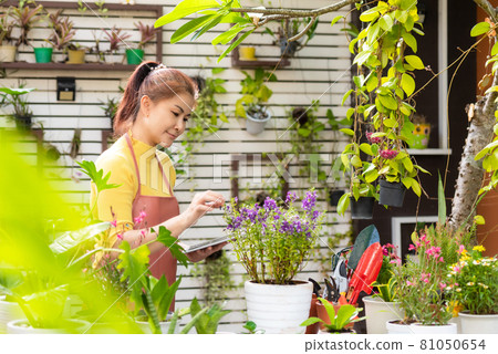 Woman receipt order customer and sale plant flower online on laptop in garden 81050654