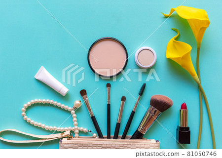 Makeup cosmetics tools background and beauty cosmetics, products and facial cosmetics package lipstick, 81050746