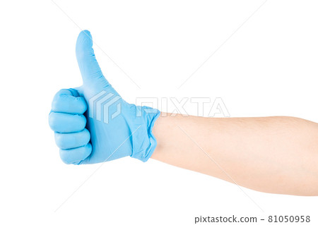 right caucasian hand in blue latex medical glove showing thumb up gesture right caucasian hand in blue latex medical glove showing thumb up gesture 81050958