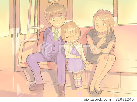Parents smiling at their daughter starting to fall asleep on the evening train on the way home from a ceremonial occasion or event Parents smiling at their daughter starting to fall asleep on the evening train on the way home from a ceremonial occasion or event 81051249