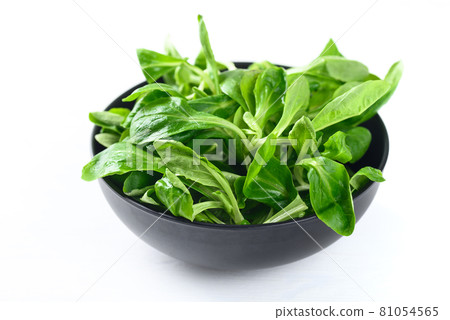 Corn salad or lamb's lettuce in a black bowl on white background Corn salad or lamb's lettuce in a black bowl on white background 81054565