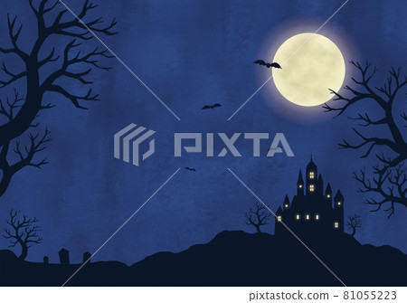 Halloween full moon and Western-style building scenery watercolor 81055223