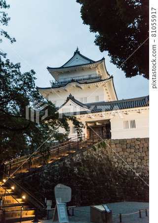 "Odawara Castle at dusk" Around 6:40 pm With the start of night lighting, a white-walled castle tower and a heavy Tokiwa gate emerged. 81055917