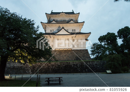 "Odawara Castle at dusk" Around 6:40 pm With the start of night lighting, a white-walled castle tower and a heavy Tokiwa gate emerged. 81055926