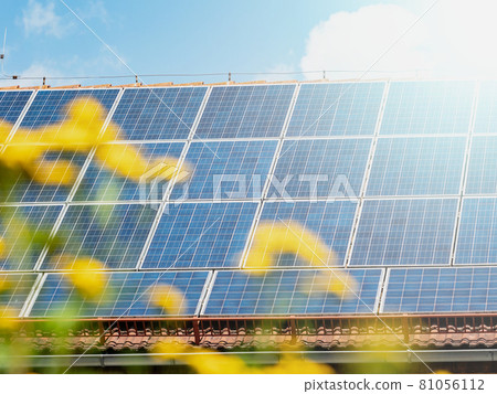 Solar panel on a family house red roof reflecting the sun and the sky 81056112