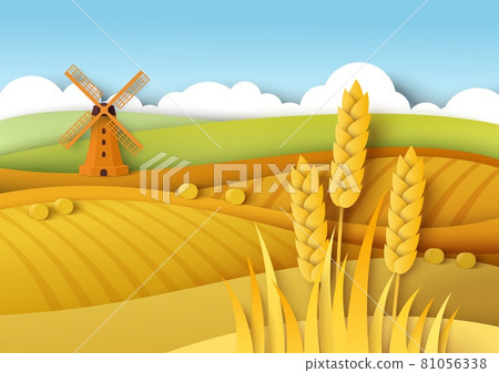 Rural landscape. Wheat fields, windmill, vector paper cut illustration. Field crop, farming, agriculture. Harvest season Rural landscape. Wheat fields, windmill, vector paper cut illustration. Field crop, farming, agriculture. Harvest season 81056338