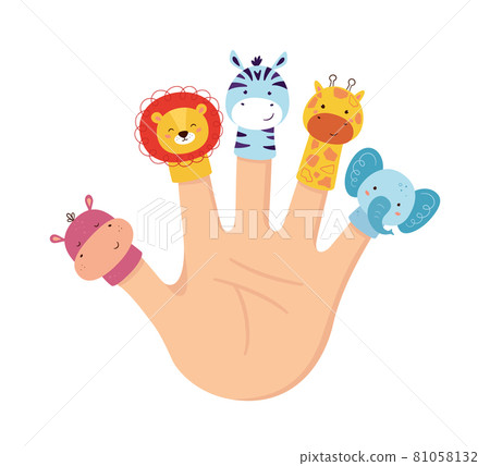 Hand animal puppets. Children finger theater. Family leisure. Lion, Hippo, giraffe, zebra and Elephant dolls. Vector illustration isolated on white background in hand drawn style Hand animal puppets. Children finger theater. Family leisure. Lion, Hippo, giraffe, zebra and Elephant dolls. Vector illustration isolated on white background in hand drawn style 81058132