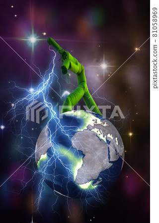 Concept of humanity destroys the Earth. Giant monster walks across the planet in space and throws lightning. Environmental problems and global climate change. Elements of this image furnished by NASA. 81058969