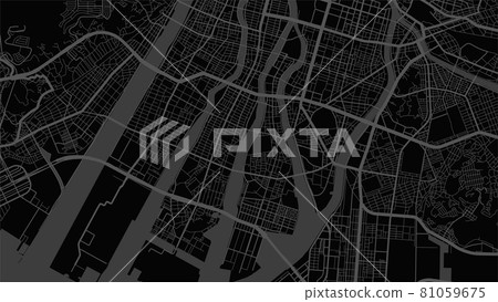 Dark black Hiroshima City area vector background map, streets and water cartography illustration. 81059675