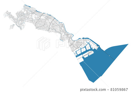 Kawasaki map. Detailed map of Kawasaki city administrative area. Cityscape urban panorama. 81059867