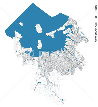 Fukuoka city map. Detailed map of administrative area, land panorama. 81059880