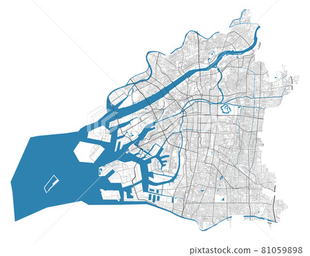 Osaka city map. Detailed map of administrative area, land panorama. Osaka city map. Detailed map of administrative area, land panorama. 81059898