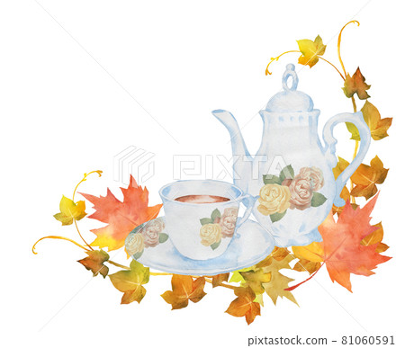 茶和秋葉的水彩插圖 81060591