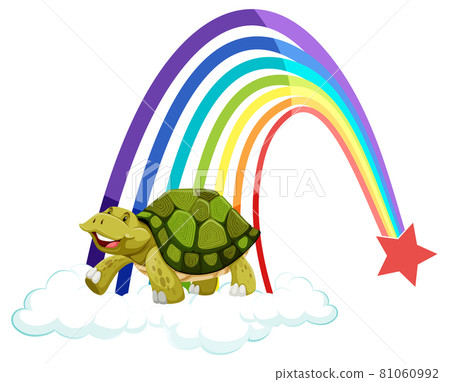 A turtle standing on the cloud with rainbow on white background A turtle standing on the cloud with rainbow on white background 81060992