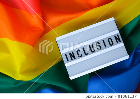 Rainbow flag with lightbox and text INCLUSION. Rainbow lgbtq flag made from silk material. Symbol of LGBTQ pride month. Equal rights. Peace and freedom Rainbow flag with lightbox and text INCLUSION. Rainbow lgbtq flag made from silk material. Symbol of LGBTQ pride month. Equal rights. Peace and freedom 81061137