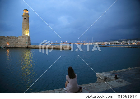 Rethymno Lighthouse at sunset, Venetian port, Crete, Greece. High quality photo 81061687