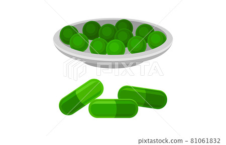 Spirulina dietary supplement. Healthy organic product in pills vector illustration Spirulina dietary supplement. Healthy organic product in pills vector illustration 81061832
