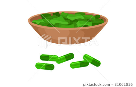 Spirulina plant organic products, dietary supplement. Organic product in pills vector illustration Spirulina plant organic products, dietary supplement. Organic product in pills vector illustration 81061836