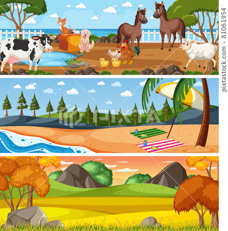 Different panoramic nature landscape set with cartoon character 81061954