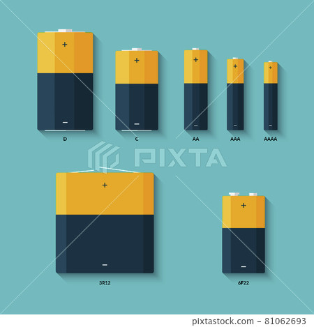 Set of batteries of different sizes. AAAA, AAA, D, C and AA batteries. Kinds of batteries. 81062693