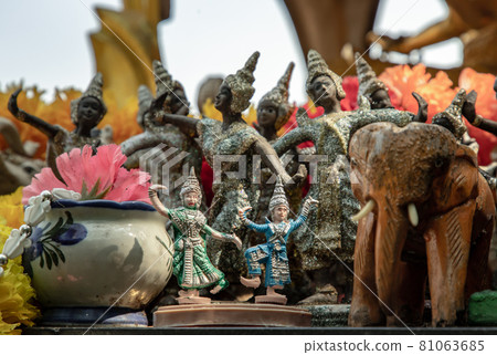 Thai dancing dolls and Wooden elephant doll in The Thao Maha Phrom Shrineis. Thai dancing dolls and Wooden elephant doll in The Thao Maha Phrom Shrineis. 81063685