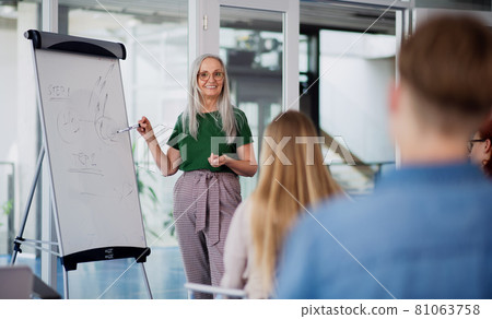 University students with teacher studying indoors, lesson and presentation concept. University students with teacher studying indoors, lesson and presentation concept. 81063758