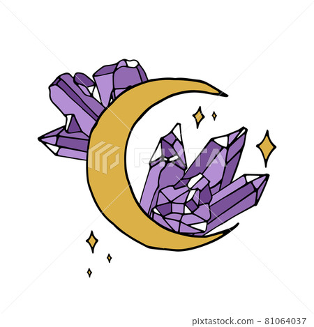 Vintage Mystic Crescent Moon with amethyst crystals colorful illustration 81064037