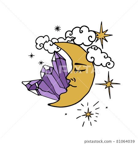 Vintage Mystic Crescent Moon with male face with amethyst crystals and clouds 81064039
