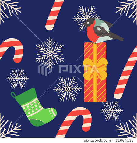 Christmas seamless pattern with candy cane, gift, stocking, bullfinch bird. Christmas wrapping paper 81064185