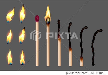 Set of match sticks with burning sequence. Wooden matches in different stages burning and glowing red, blown out and completely burned. Abstract realistic vector illustration Set of match sticks with burning sequence. Wooden matches in different stages burning and glowing red, blown out and completely burned. Abstract realistic vector illustration 81064840