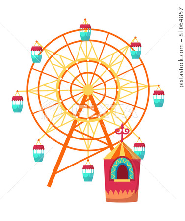 Amusement park attractions with observation wheel and ticket office. Vector illustration on white background Amusement park attractions with observation wheel and ticket office. Vector illustration on white background 81064857