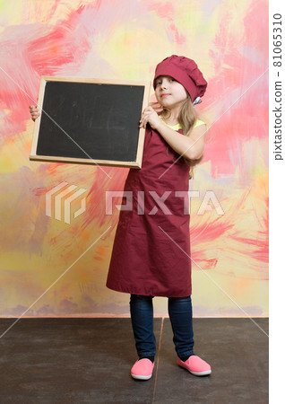 kid, happy girl cook in red chef hat, apron kid, happy girl cook in red chef hat, apron 81065310