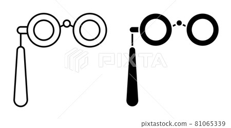 Linear icon. Spectacles, binoculars with handle for viewing performance from far rows. Spectator theatrical binoculars. Simple black and white vector isolated on white background Linear icon. Spectacles, binoculars with handle for viewing performance from far rows. Spectator theatrical binoculars. Simple black and white vector isolated on white background 81065339