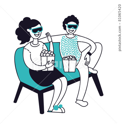 People in home cinema. Happy couple sitting on sofa and watch TV in 3D glasses. Man woman eat popcorn, house relax vector characters 81065420