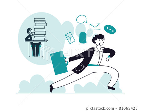 Man too late to work. Unsuccessful time management, tired and scared employee. Office worker look at watch and running vector concept Man too late to work. Unsuccessful time management, tired and scared employee. Office worker look at watch and running vector concept 81065423
