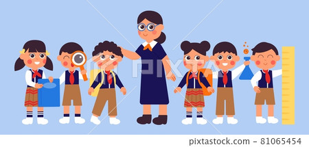 Teacher with students. Happy school student, children in uniform and woman. Preschool kids, cute college boys girls. Education decent vector characters Teacher with students. Happy school student, children in uniform and woman. Preschool kids, cute college boys girls. Education decent vector characters 81065454