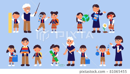 Students and teachers. Fun girls in school uniform, happy kindergarden child. Preschool characters, school or college children decent vector set Students and teachers. Fun girls in school uniform, happy kindergarden child. Preschool characters, school or college children decent vector set 81065455